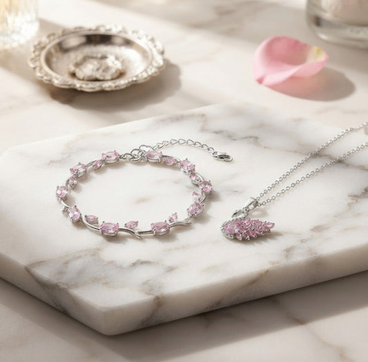 Pink Crystal Swan Pendant & Bracelet Set
