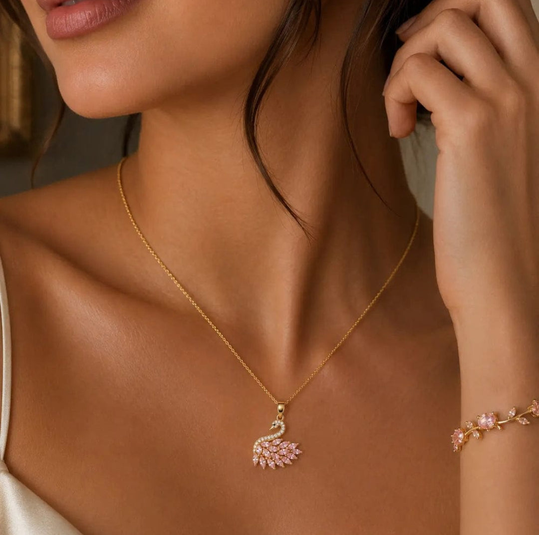 Pink Crystal Swan Pendant & Bracelet Set