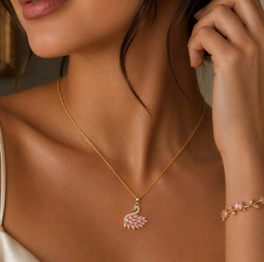 Pink Crystal Swan Pendant & Bracelet Set