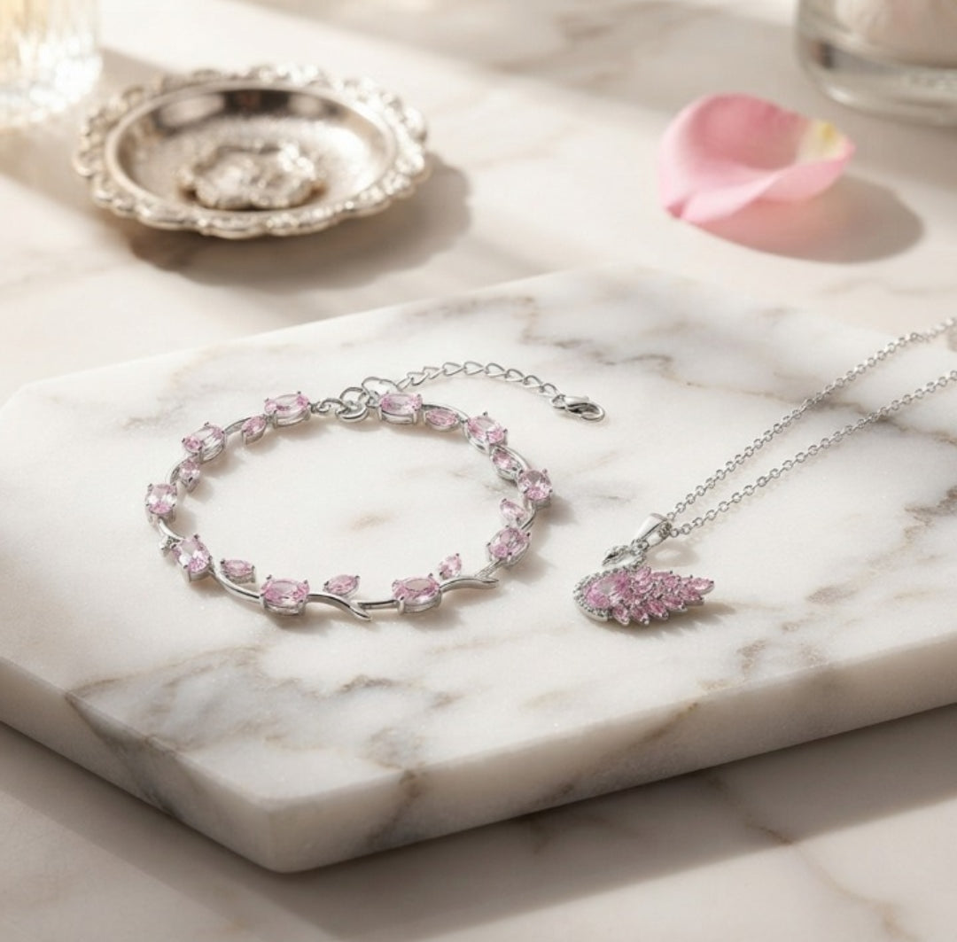 Pink Crystal Swan Pendant & Bracelet Set