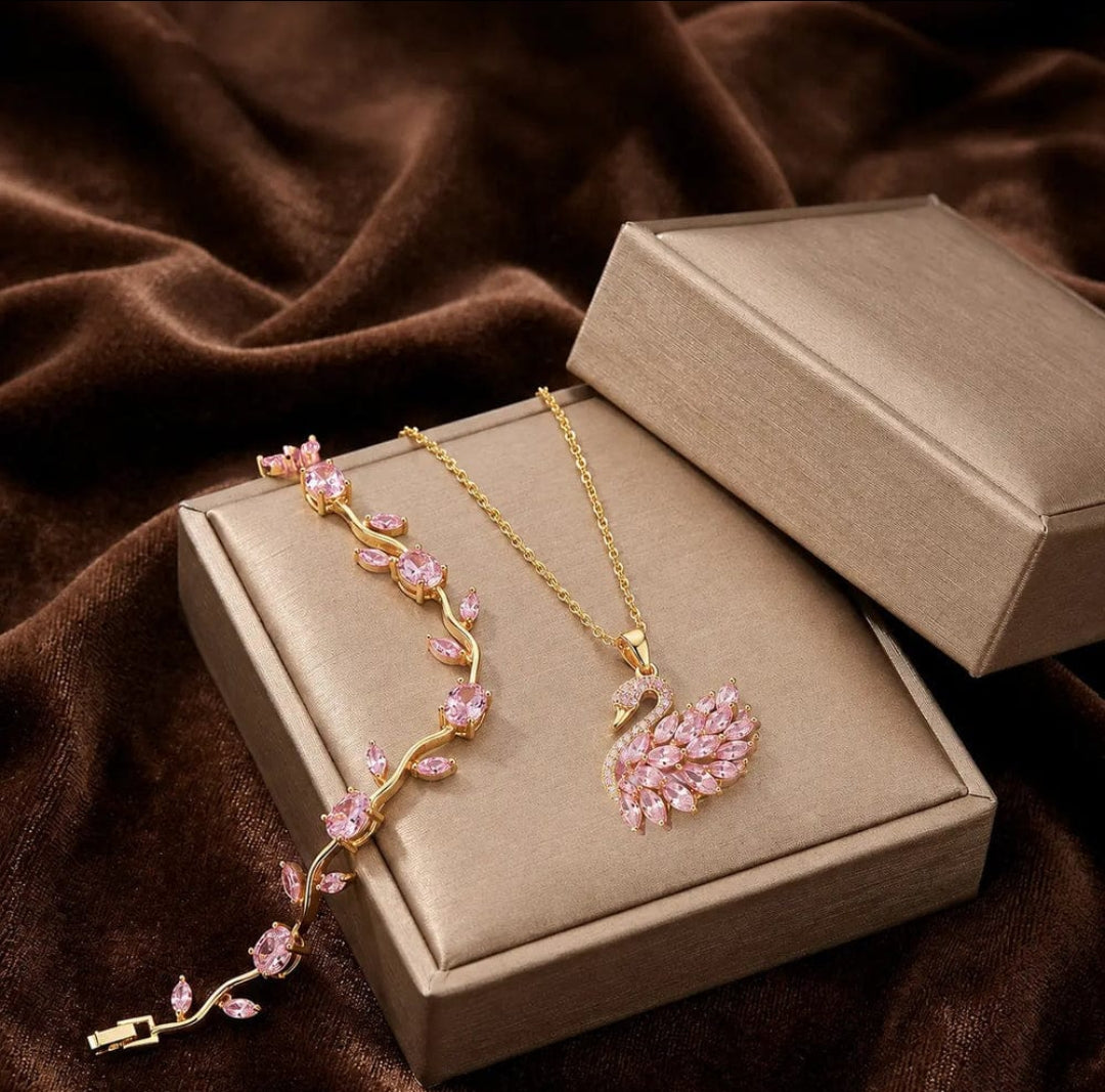 Pink Crystal Swan Pendant & Bracelet Set
